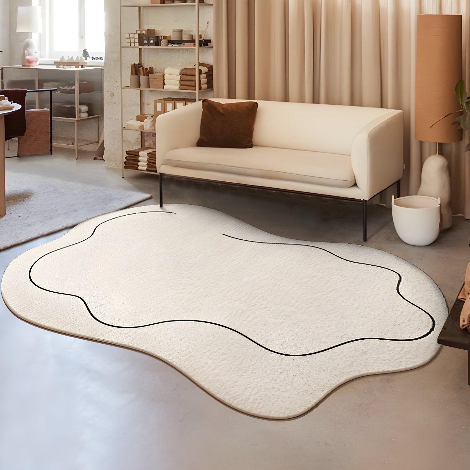 Minimalist Line Design Rug White Novelty Shape Rug Polypropylene Washable Carpet for Living Room