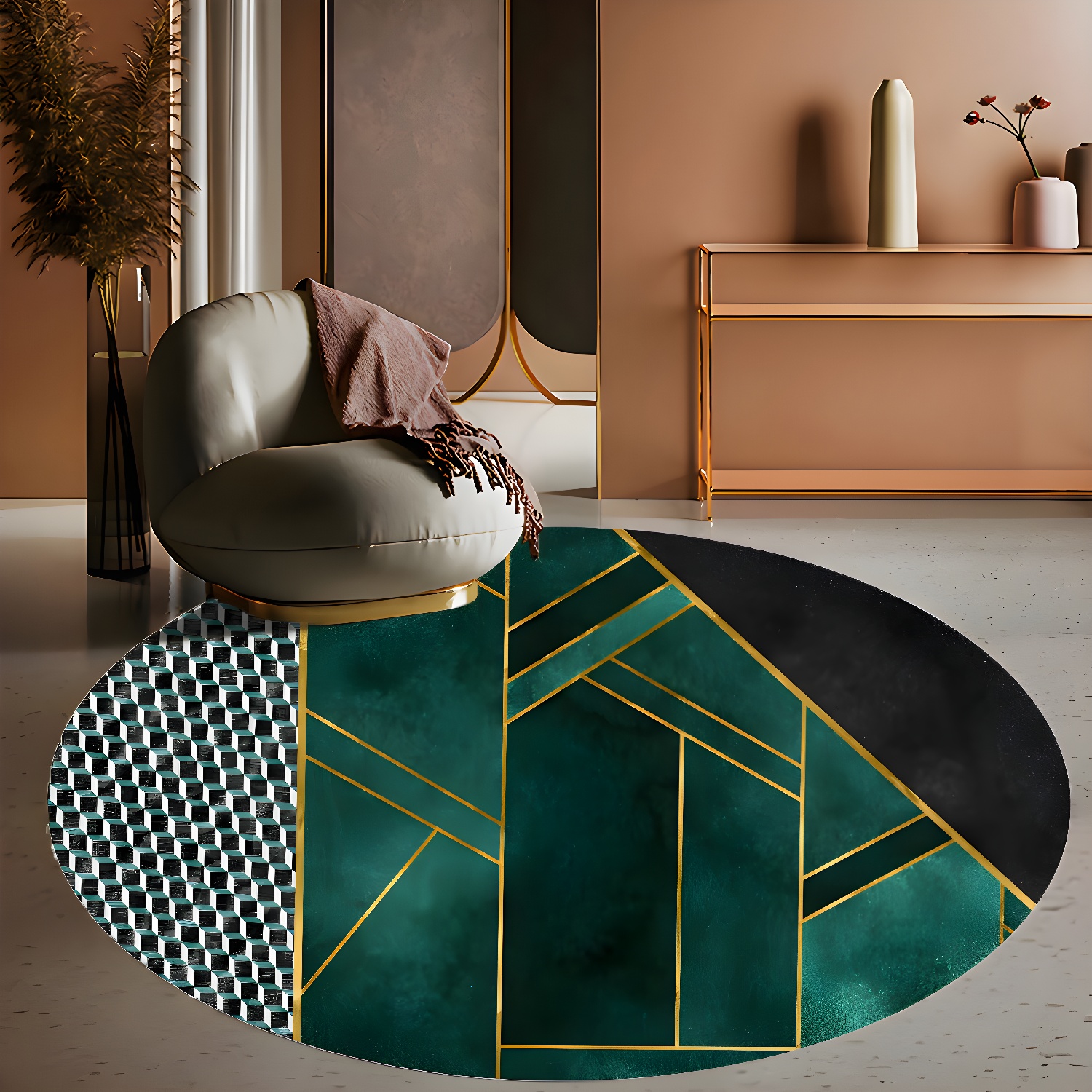 Luxurious Round Indoor Rug Funky Modern Carpet Polyester Anti-Slip Backing Carpet for Home Decor