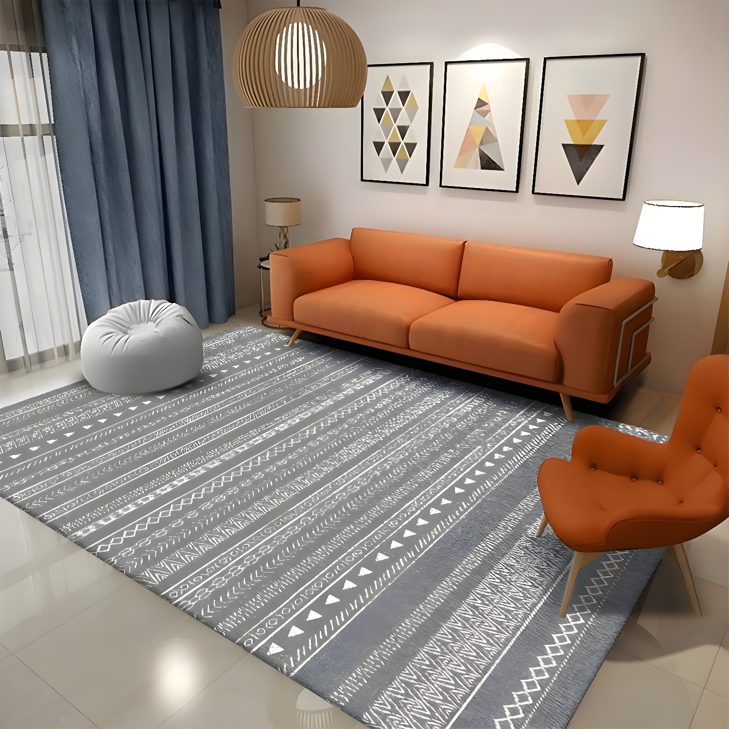 Gray Tribal Print Rug Polyester Bohemian Indoor Carpet Non-Split Backing Carpet for Home Decor