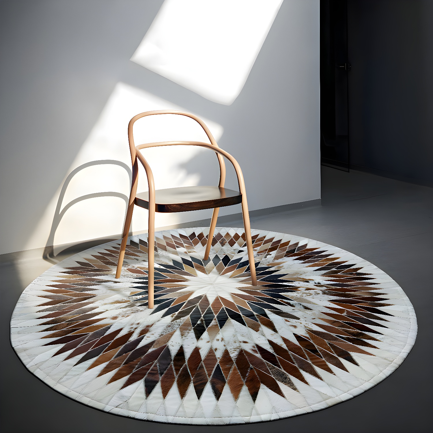 Brown Tone Geometric Print Carpet Cowhide Splicing Carpet Washable Round Rug for Living Room