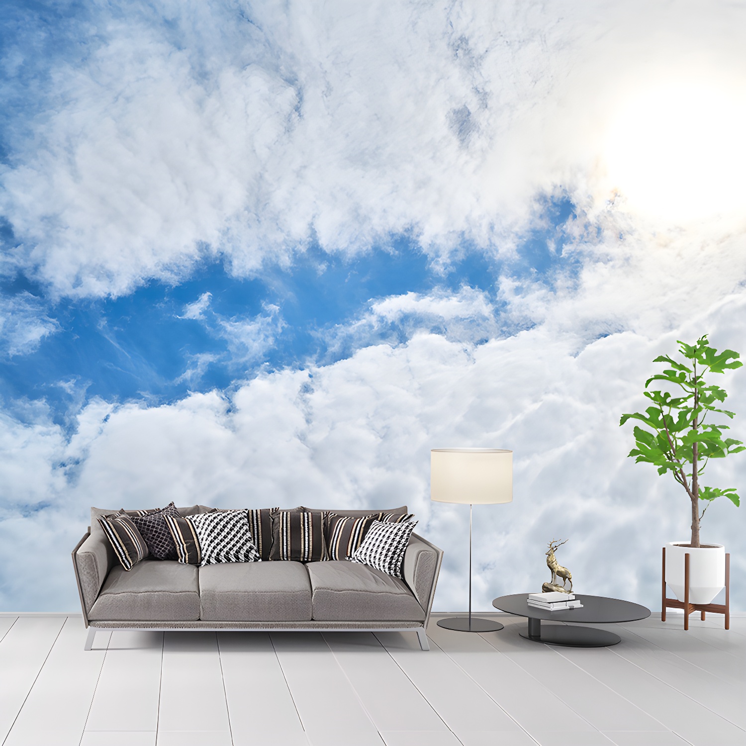 White Cloud and Blue Sky Mural Wallpape for Meeting Room Decor,Moisture Resistant
