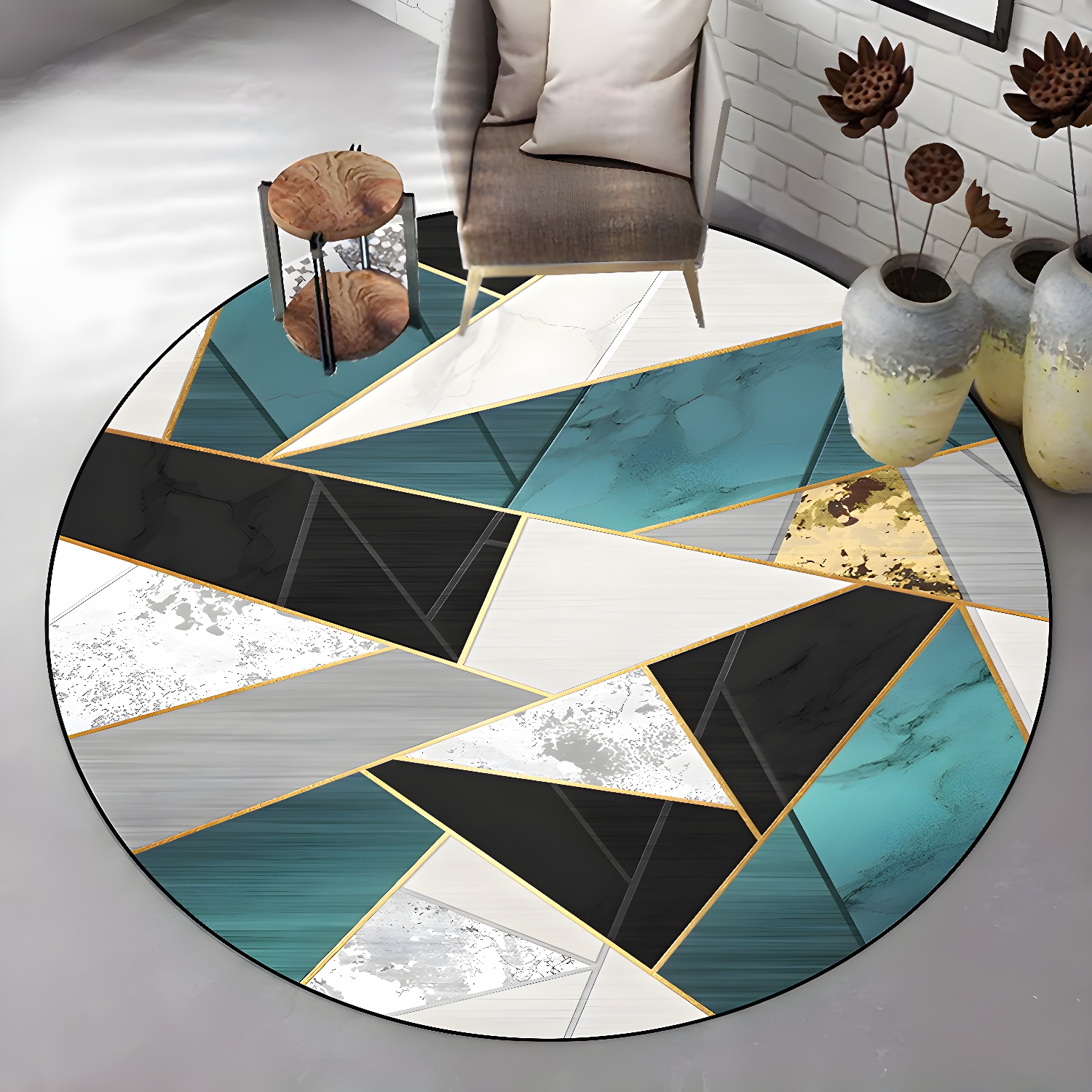 Modern Round Carpet Leisure Abstract Print Rug Washable Polyster Carpet with Non-Slip Backing