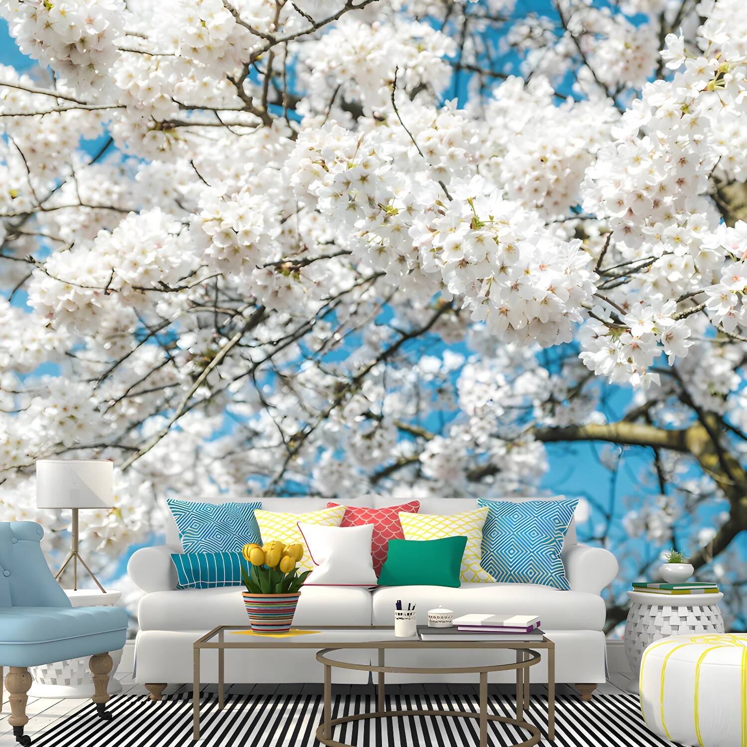 Cherry Blossoms Mural for Living Room Bedroom, Removable, Customized Size