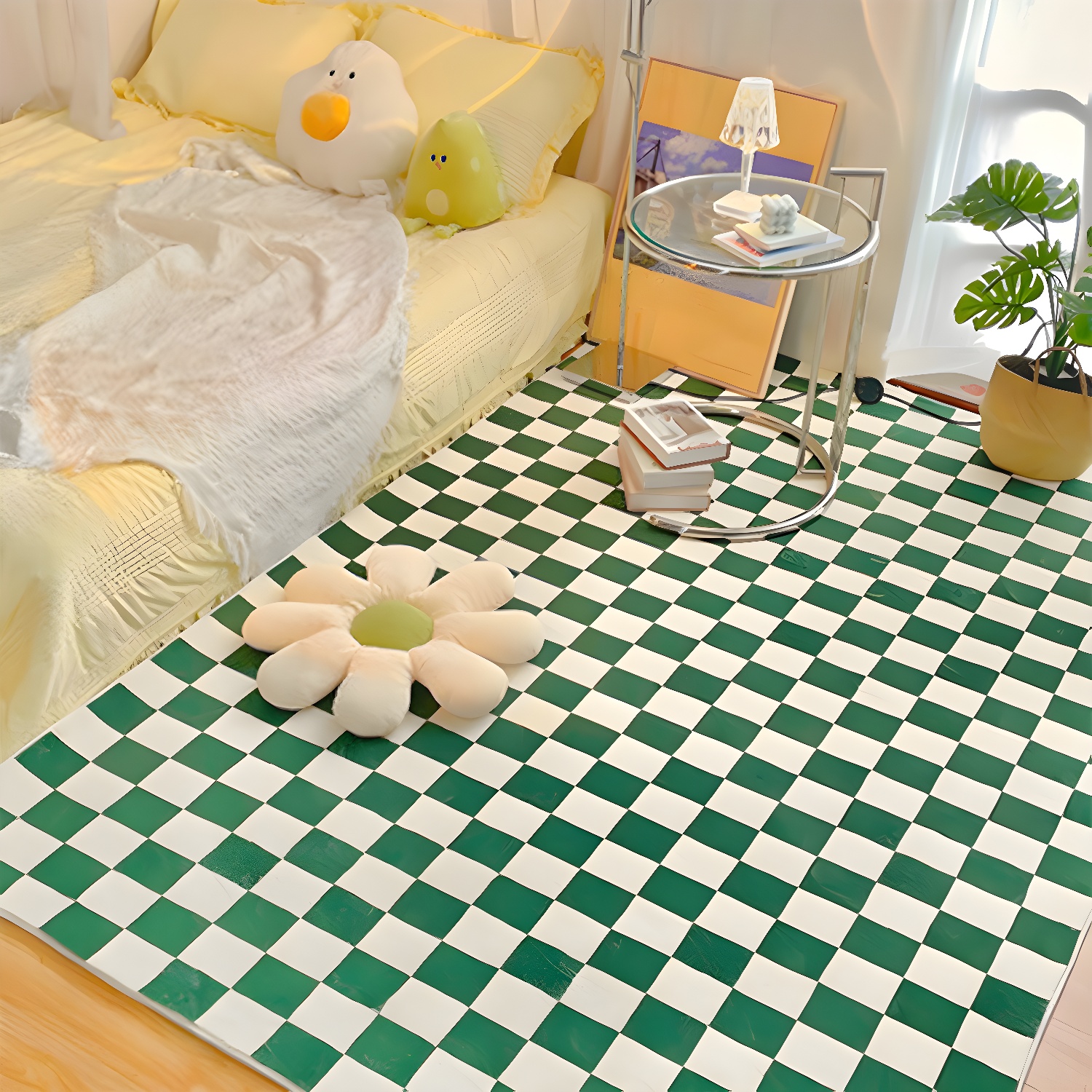Casual Checkered Print Carpet Polyester Area Rug Non-Slip Backing Indoor Carpet for Home Decoration