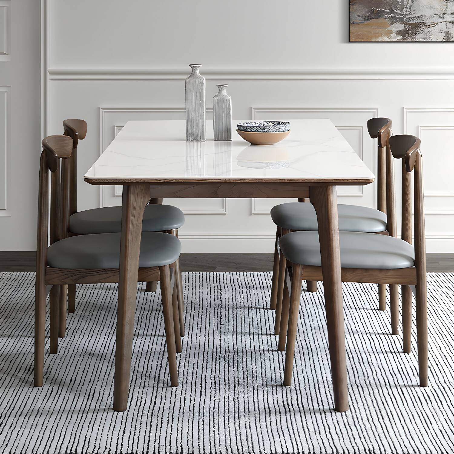 Sintered Stone Top Rectangle Table in White Kitchen Table with Wooden 4 Legs