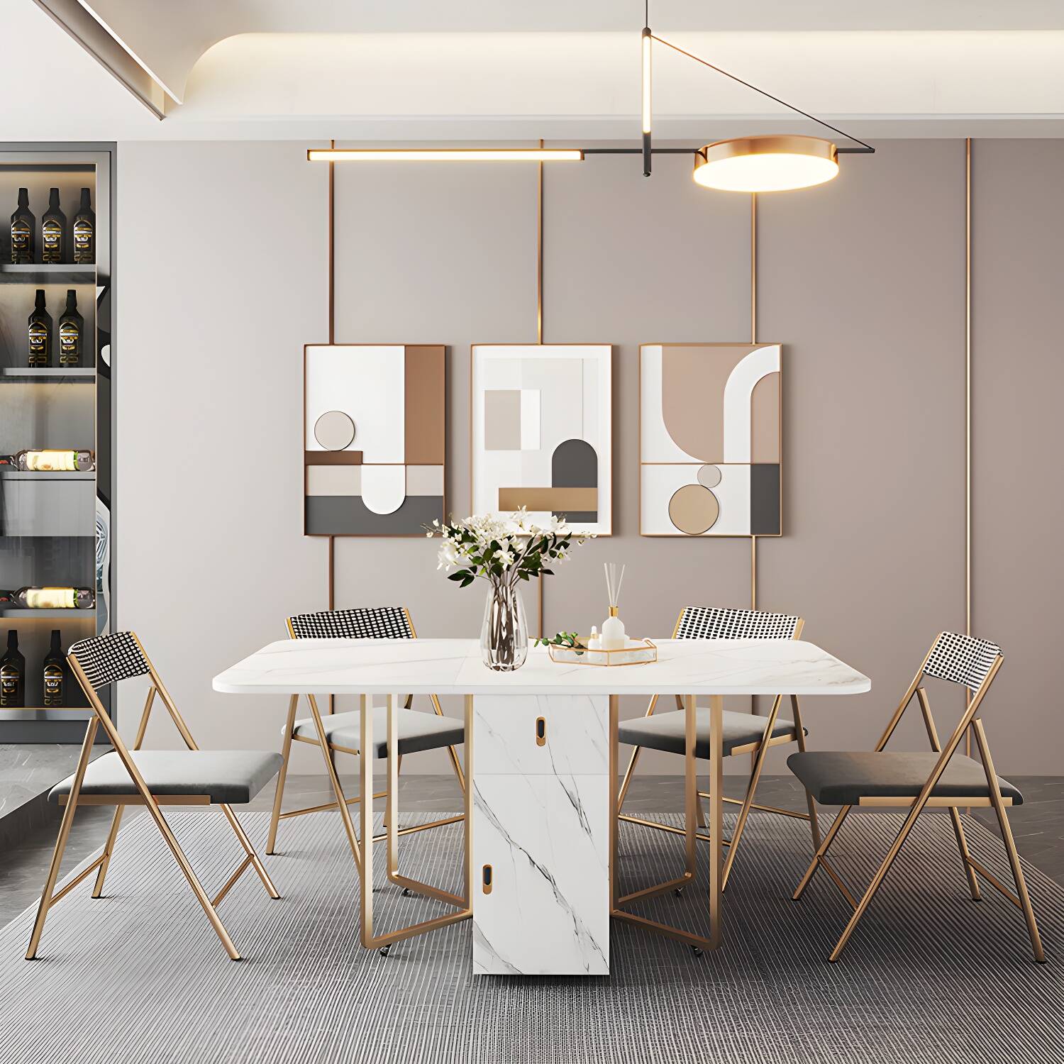 Contemporary Rectangle Dining Table Sintered Stone Drop-Leaf Table with Metal Base for Dining Room