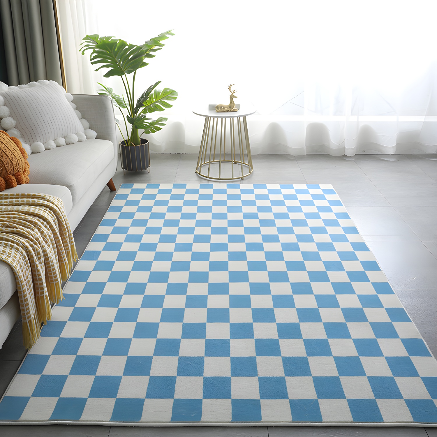 Checkerboard Living Room Rug Polyester Geometric Rug Non-Slip Backing Rug