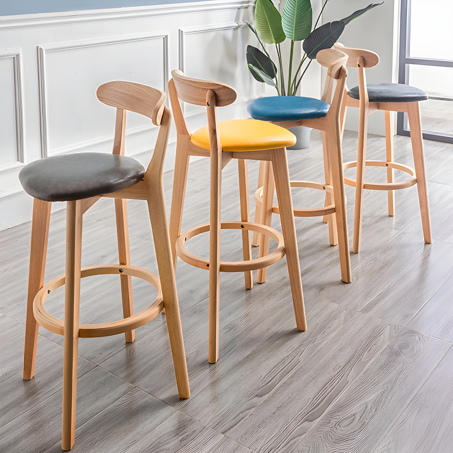 Modern Armless Backrest Counter Stool Wood Household Bar Stool with Cushion and Pedal