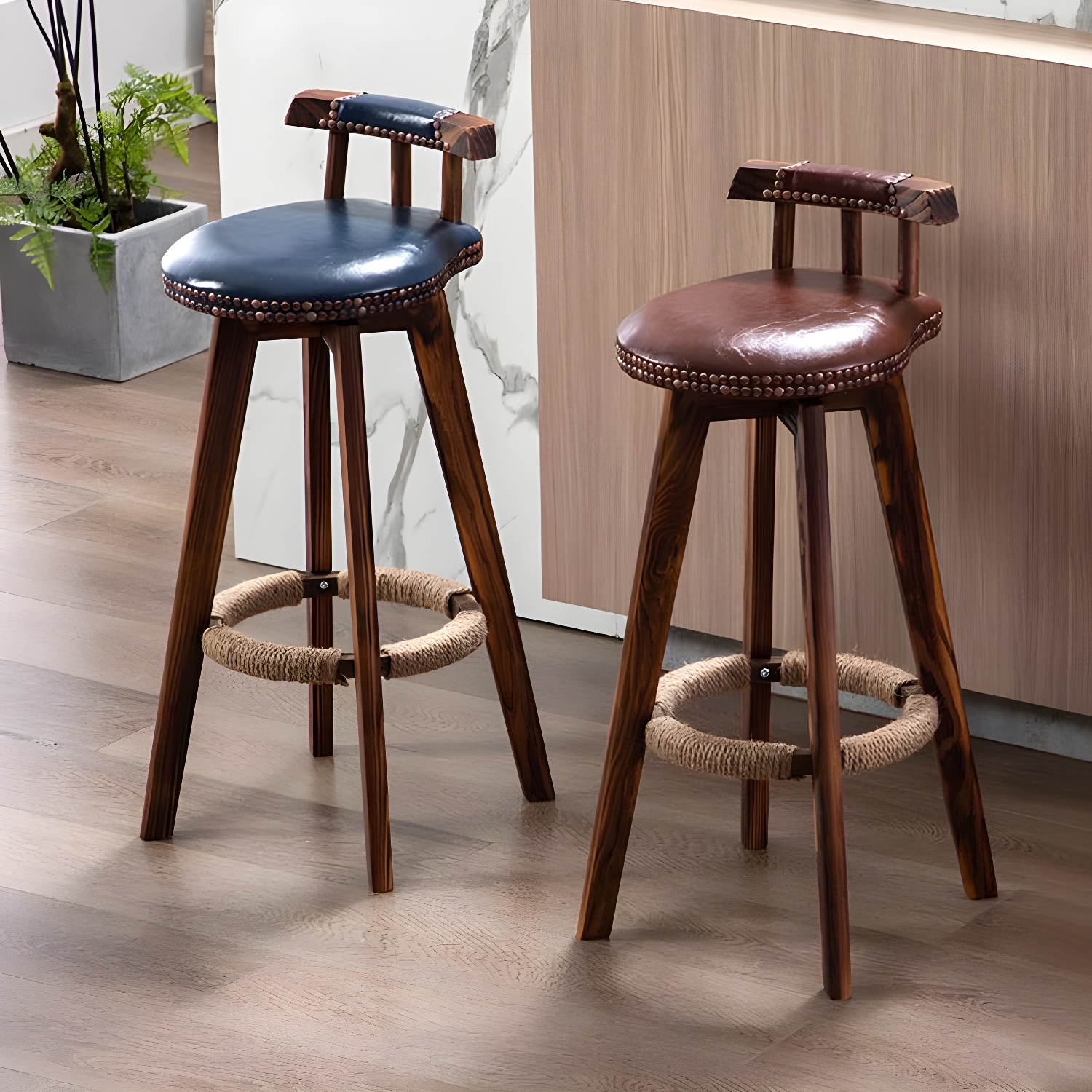 Tradition Backrest Armless Counter Stool Wood Household Bar Stool with Leather Cushion
