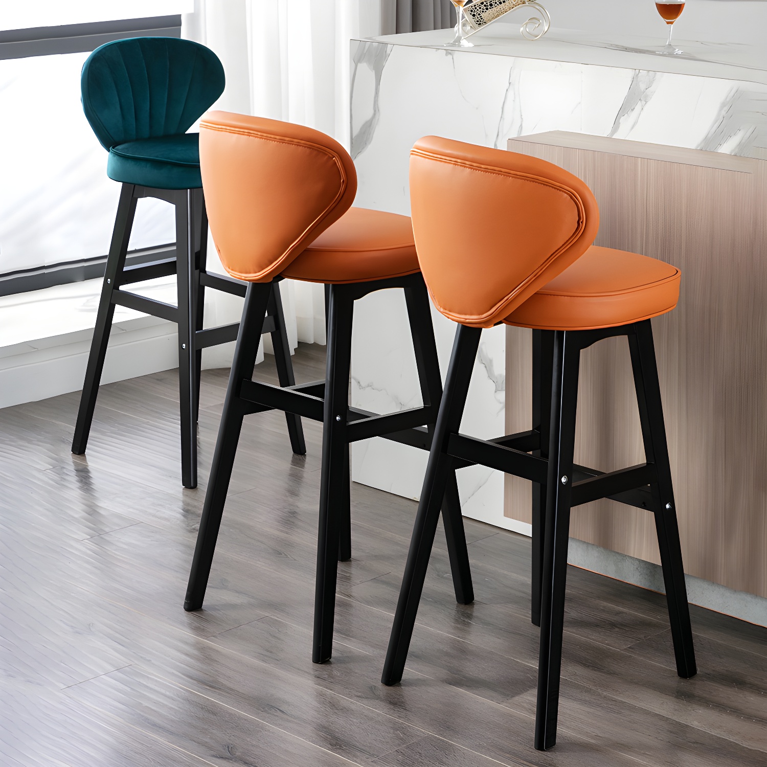 Modern Armless Backrest Counter Stool Kitchen Wood Bar Stool with Cushion and Pedal