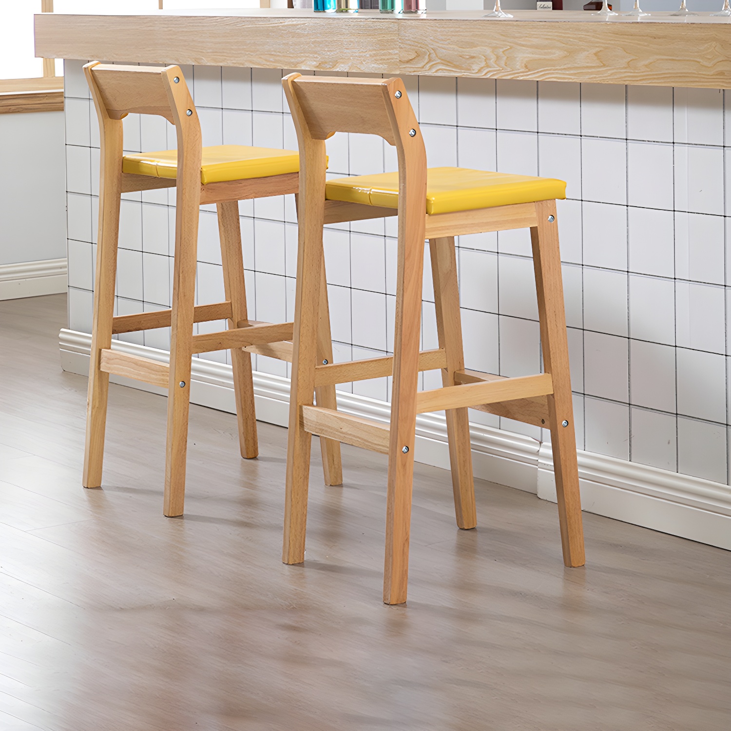 Contemporary Oak Wood Barstool Indoor Bar Stool with Low Back and Footrest