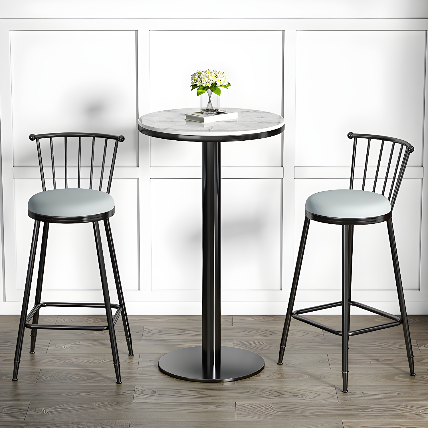 Modern Round Bar Dining Table Indoor White Top Bar Height Pub Table Metal Base in Black