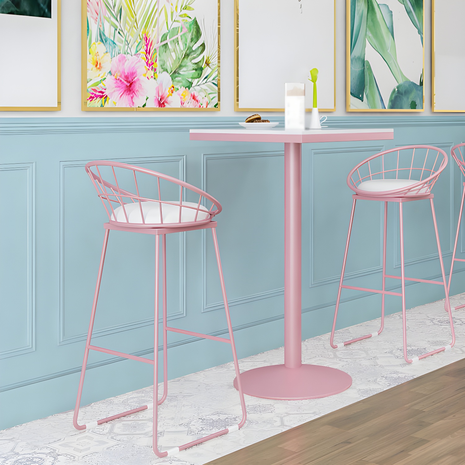 Modern Style Iron Bar Stool with Footrest Milk Tea Shop Pink Bar Stool 30 Inches