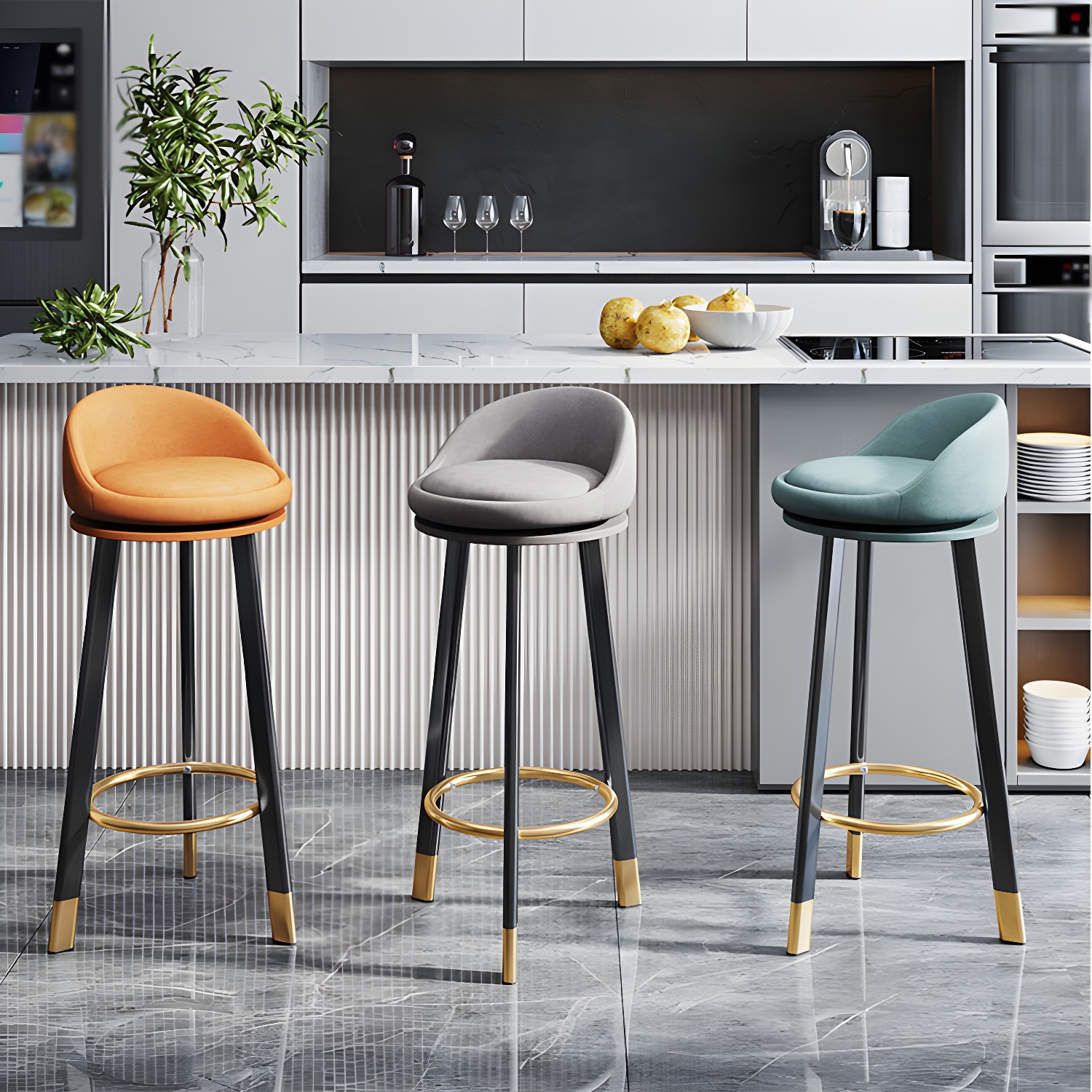 Scandinavian Round Seat Bar Stool with Swivel and Low Back, Upholstered in Cotton