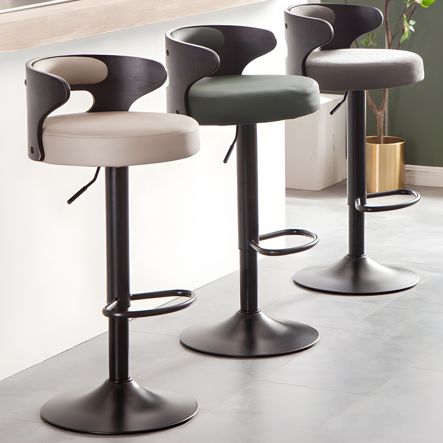 Industrial Style Bar Stool Round Leather Seat with Adjustable Height for Counter Bar