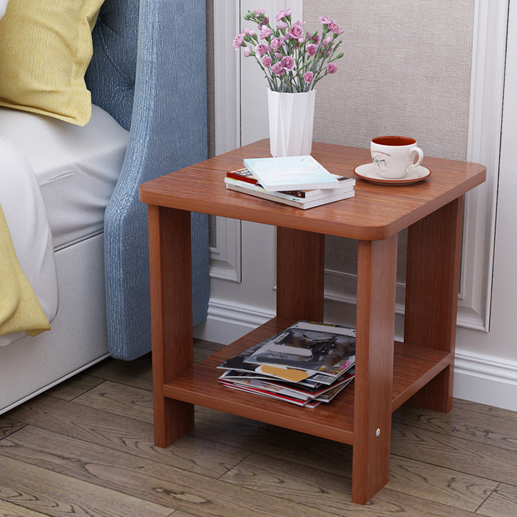 Modern Simple Style Living Room Square Side Table Four-Leg Wood End Table with Shelf