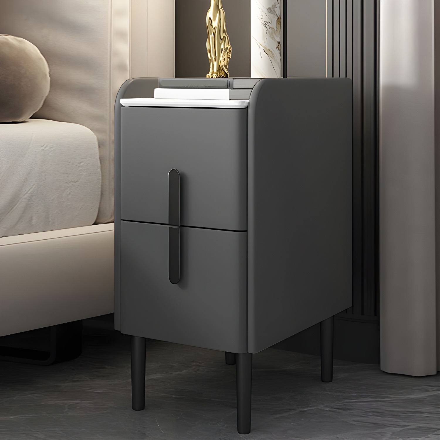 20 Inch Tall Nightstand Modern Stone Top Faux Leather 2-Drawer Legs Included Night Table