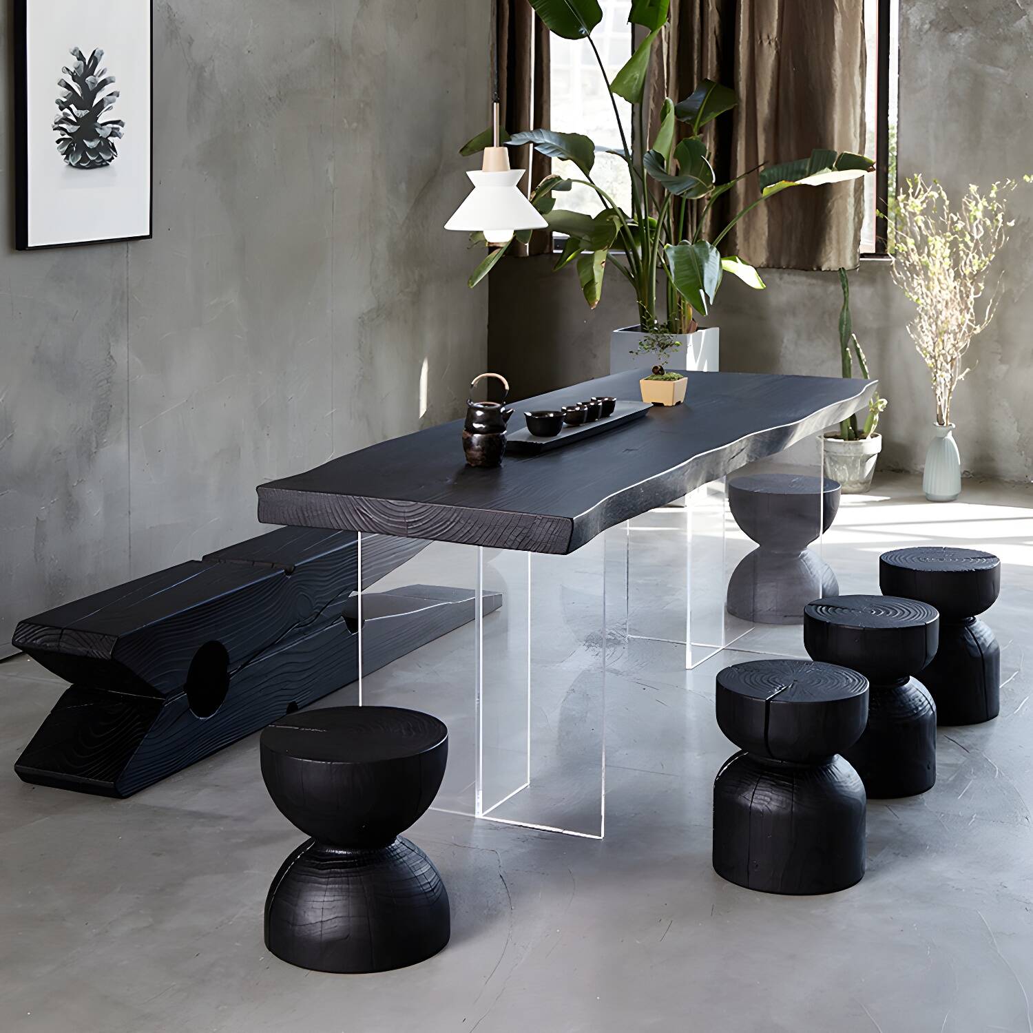 Black Modern Double Pedestal Table Rectangle Pine Solid Wood Top