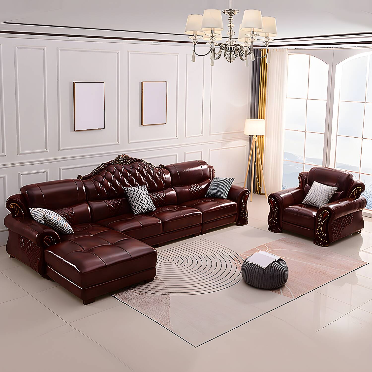 Genuine Leather Rolled Arm Sectional 36.22"High Camel Back Sofa, Dark Brown