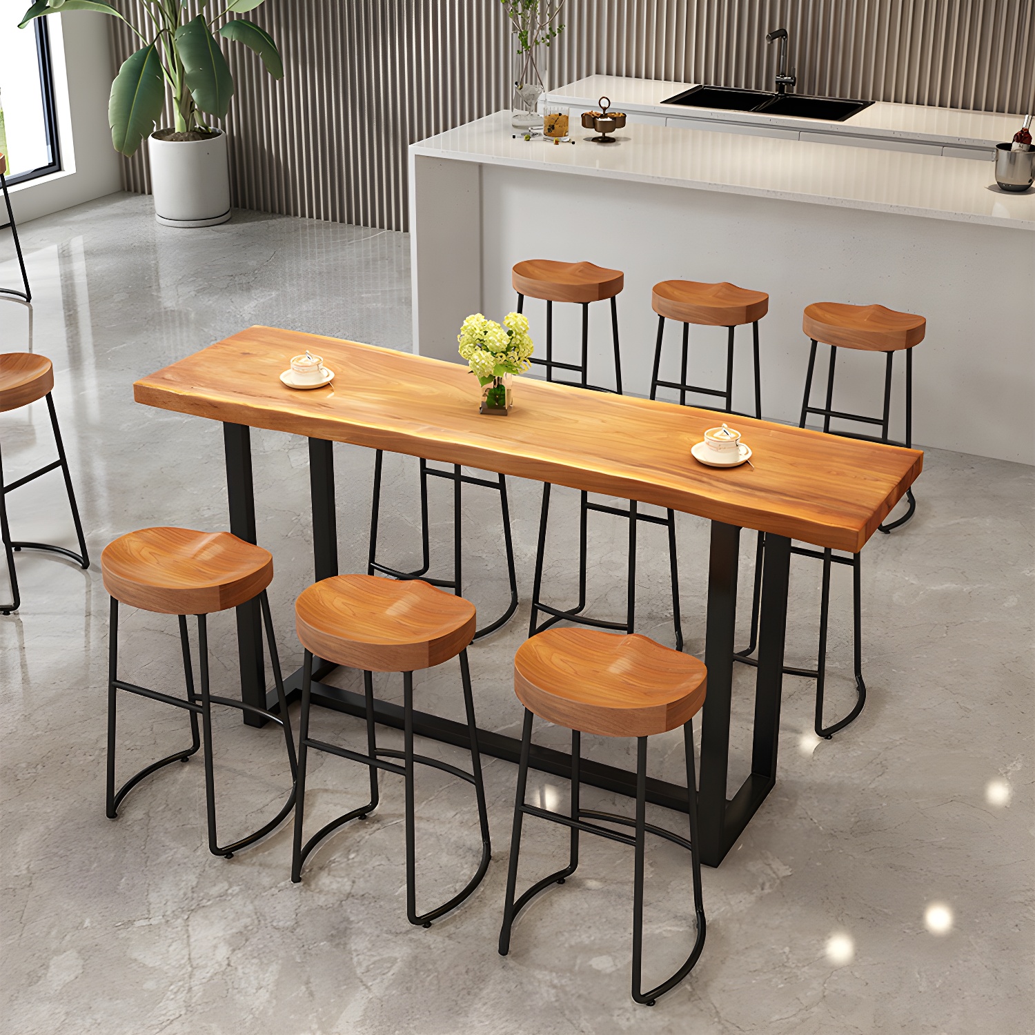 Modern Armless Counter Stool Iron Cafe Bar Stool with Wooden Seat and Pedal