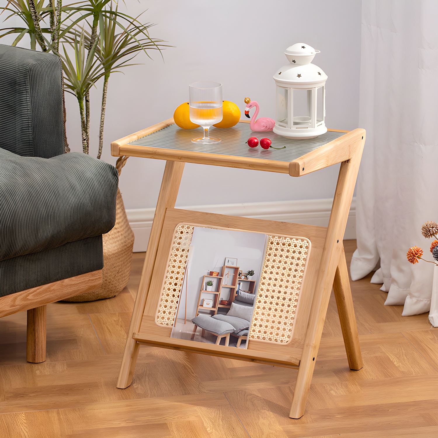 Contemporary Bamboo and Glass Bed Nightstand in Natural Oak/Walnut