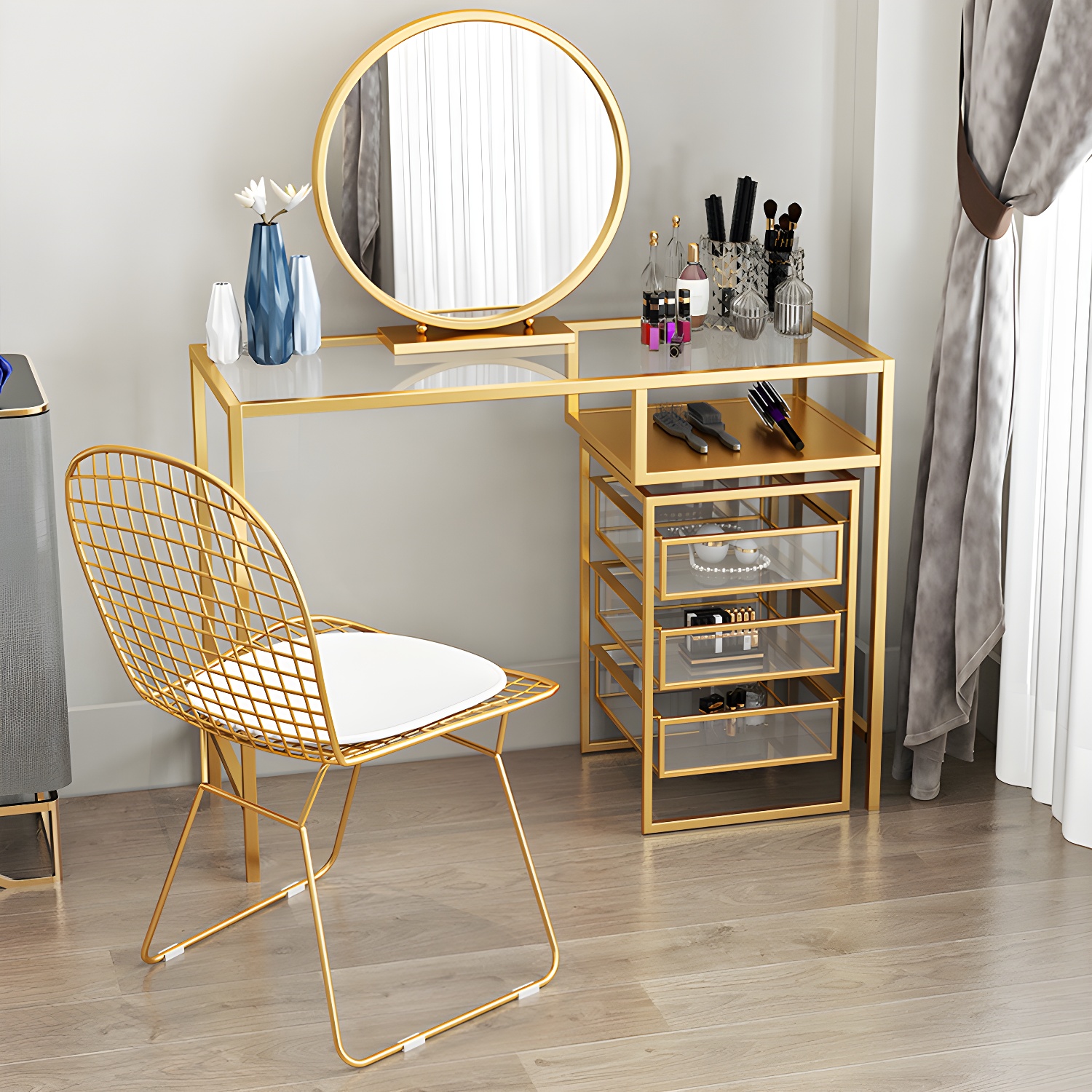 Glam Golden Glass Top Make-up Vanity for Bedroom 29.53" Height