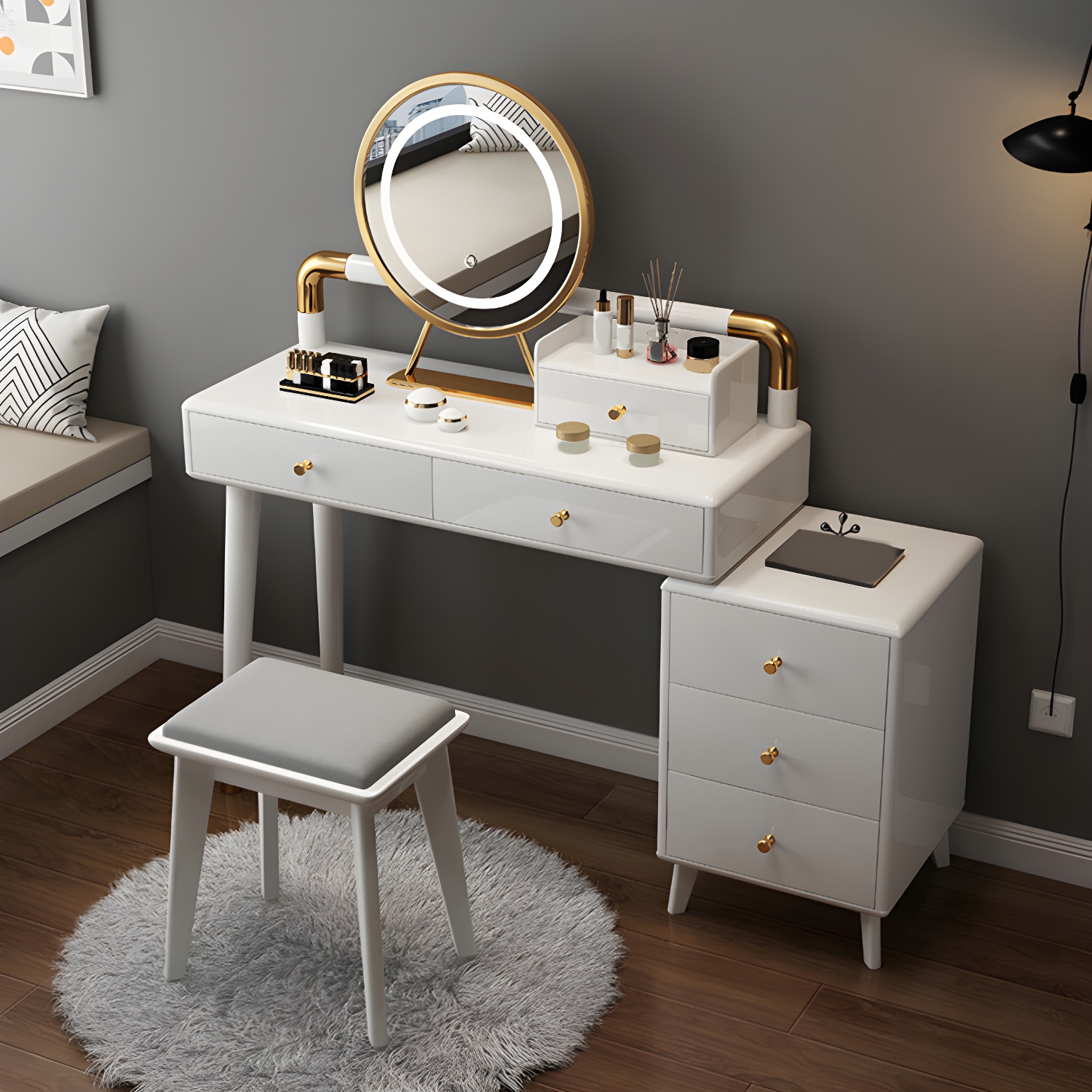 Modern Style Rubber Wood Vanity Table with 6 Drawers Dressing Table
