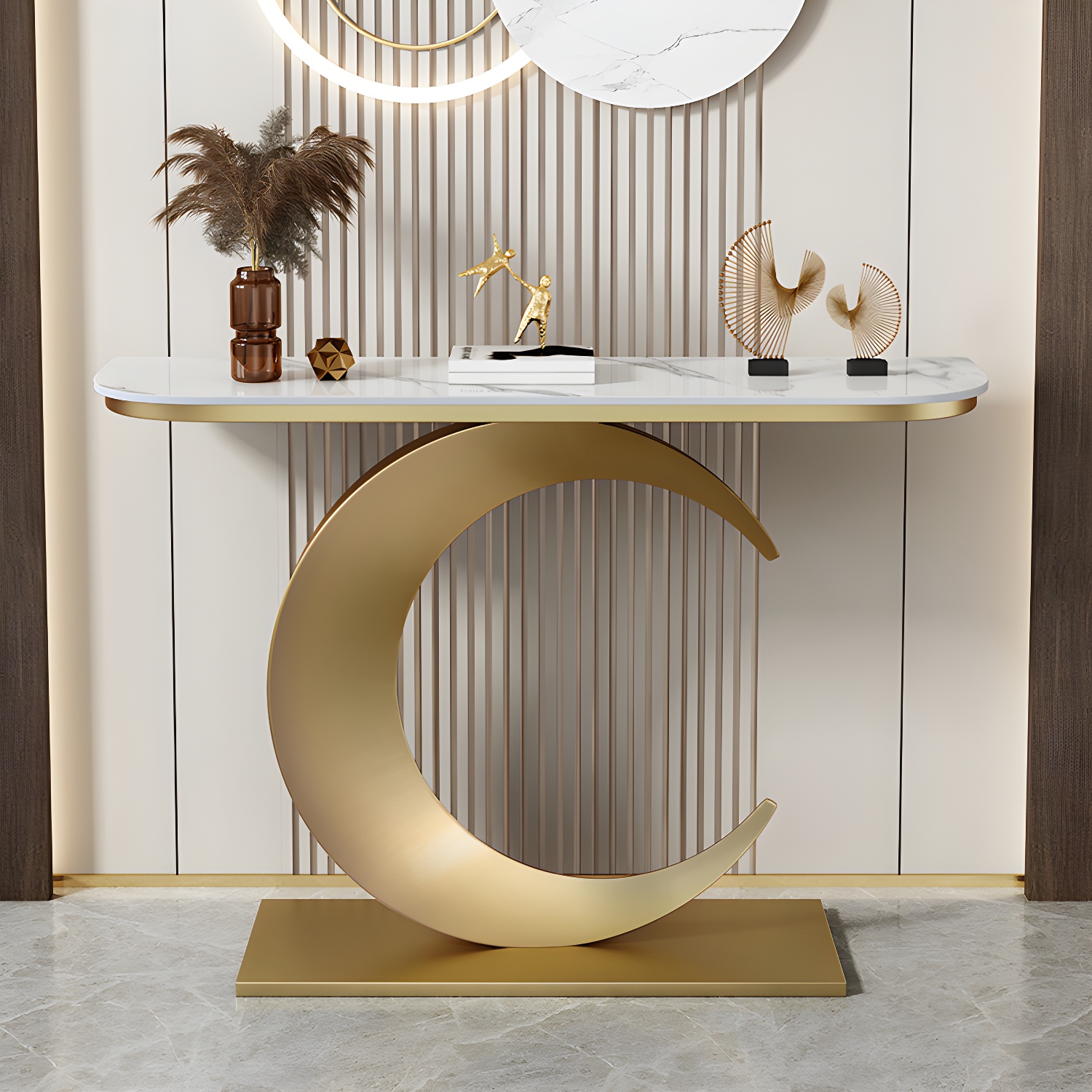 Abstract Glam Slate/metal Half Moon Stain Resistant Console Table for Hall