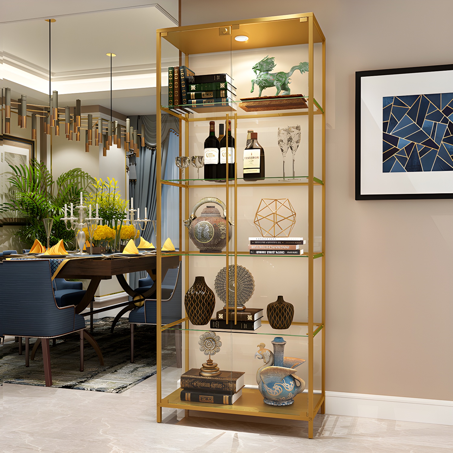 Glass Door Curio Display Glam Style Display Stand with Shelves