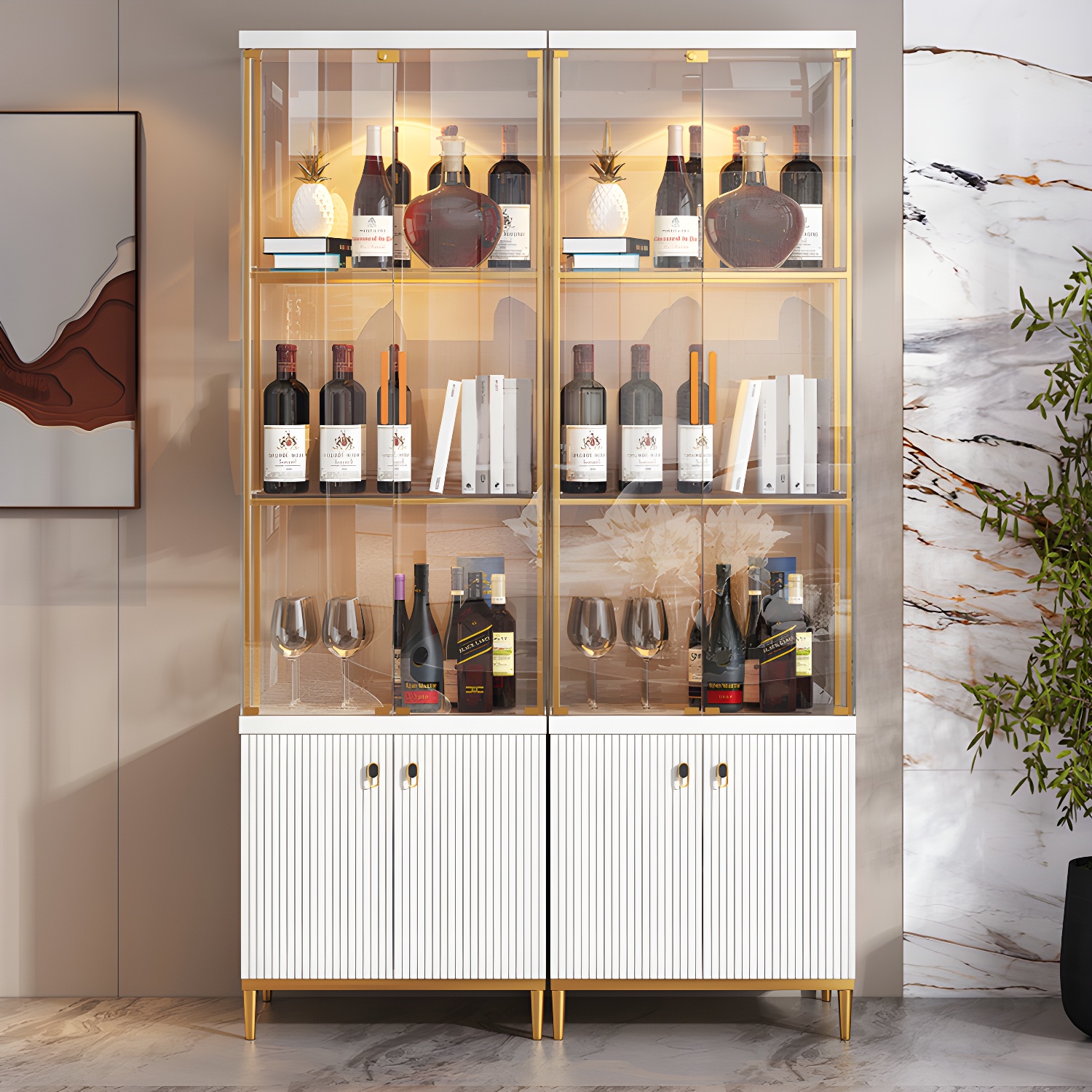 Luxury Stainless Steel Curio Cabinet Black/ White Display Stand with Glass Doors