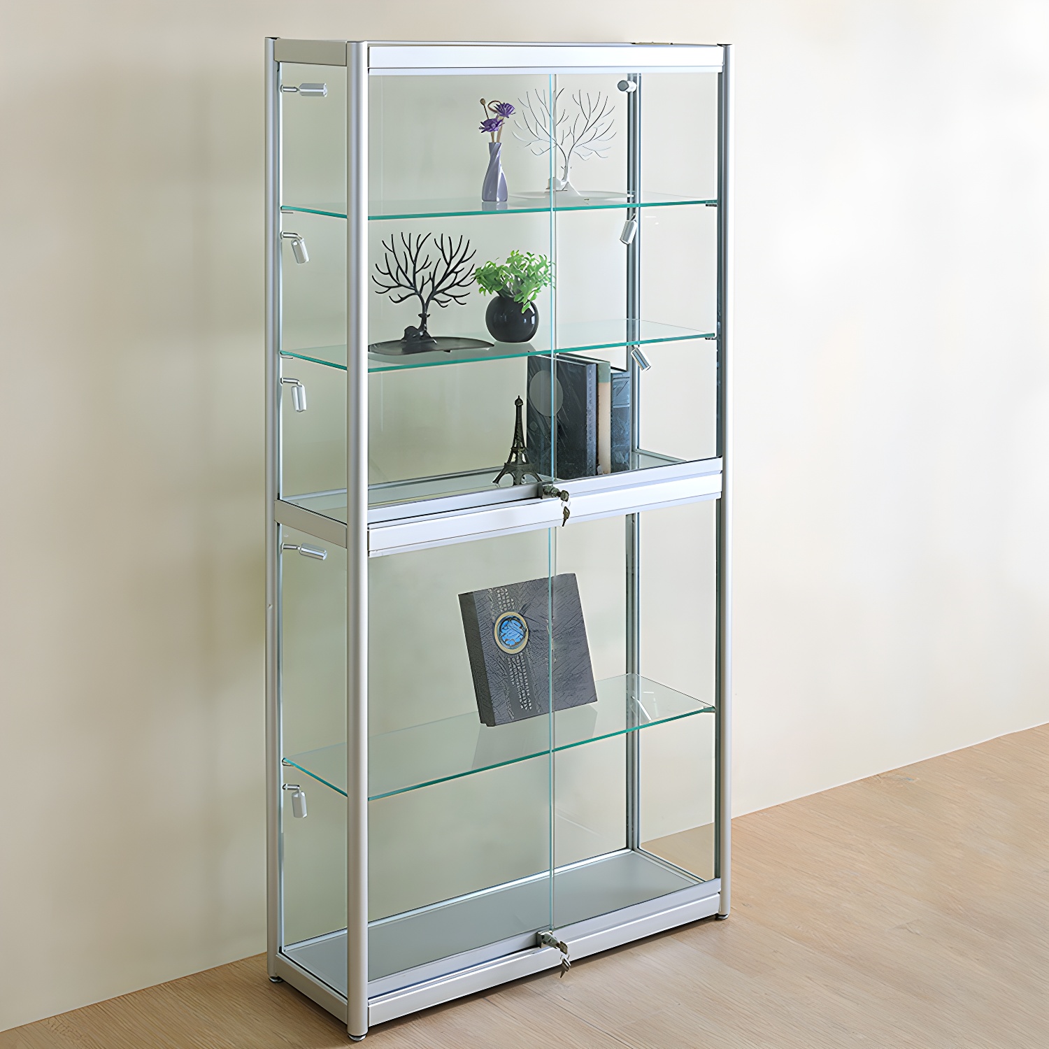 Modern Metal Display Stand Glass Shelves Curio Cabinet in White/ Gold