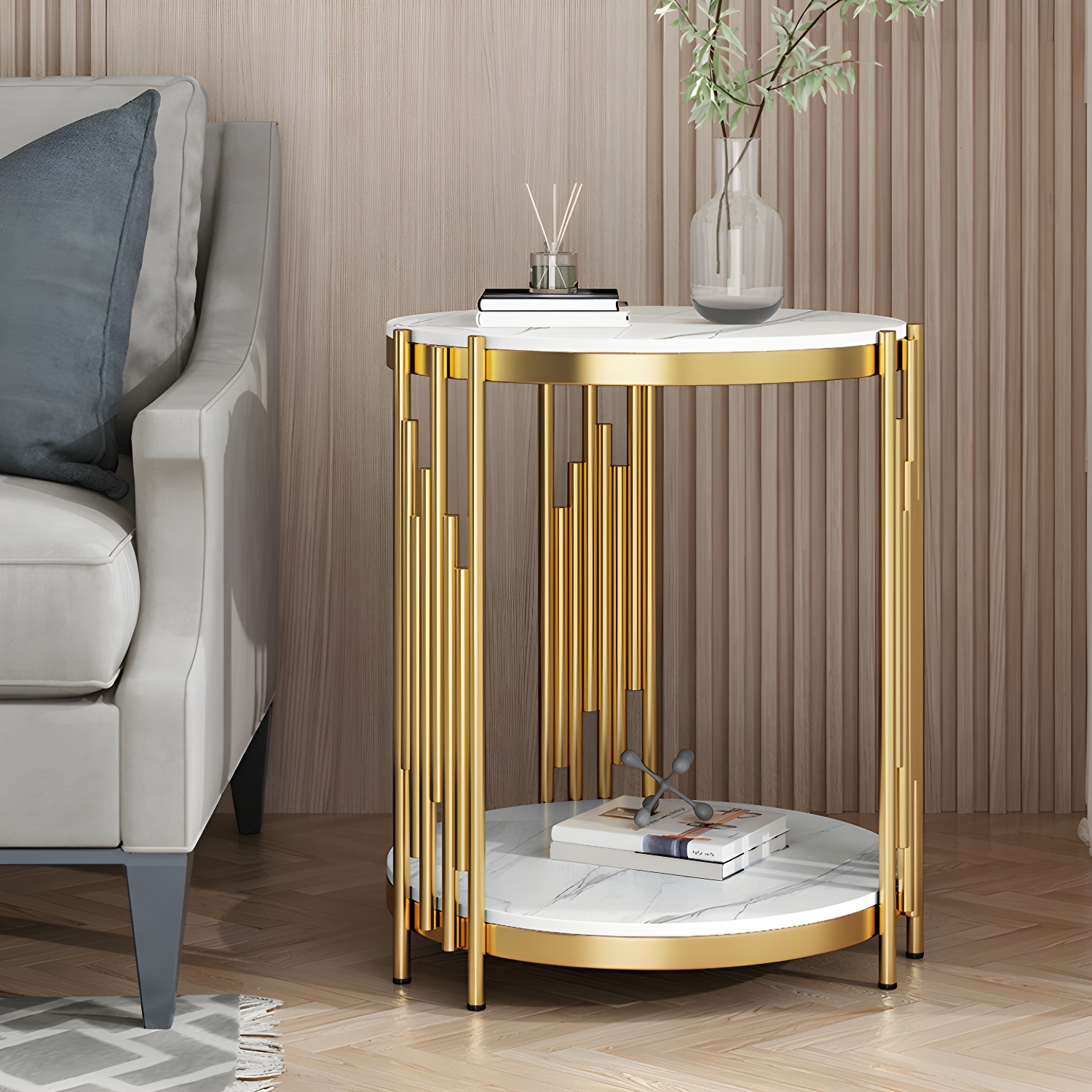 Contemporary Metal Frame End Table Round Slate Side End Table