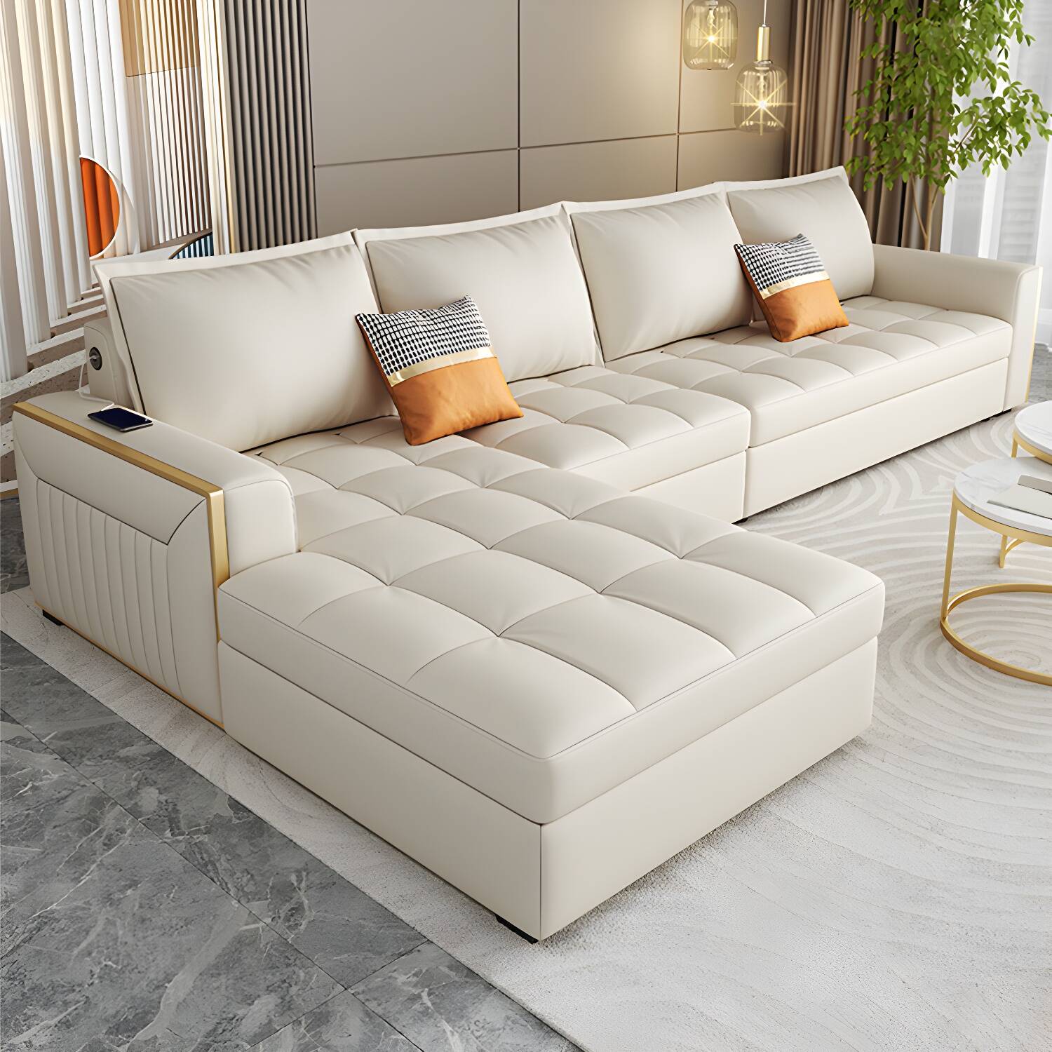 White Modern Sofa Bed with Storage USB Charging Convertible Sectional