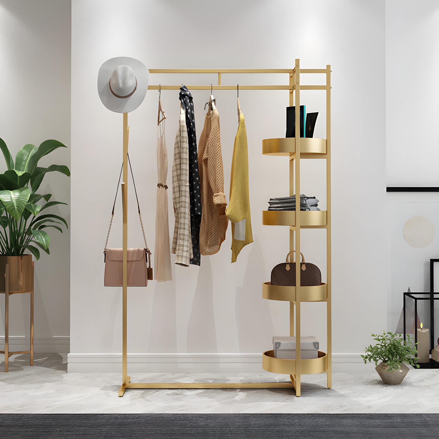 Contemporary Metal Hall Tree Storage Shelves Hooks Coat Rack in Bedroom