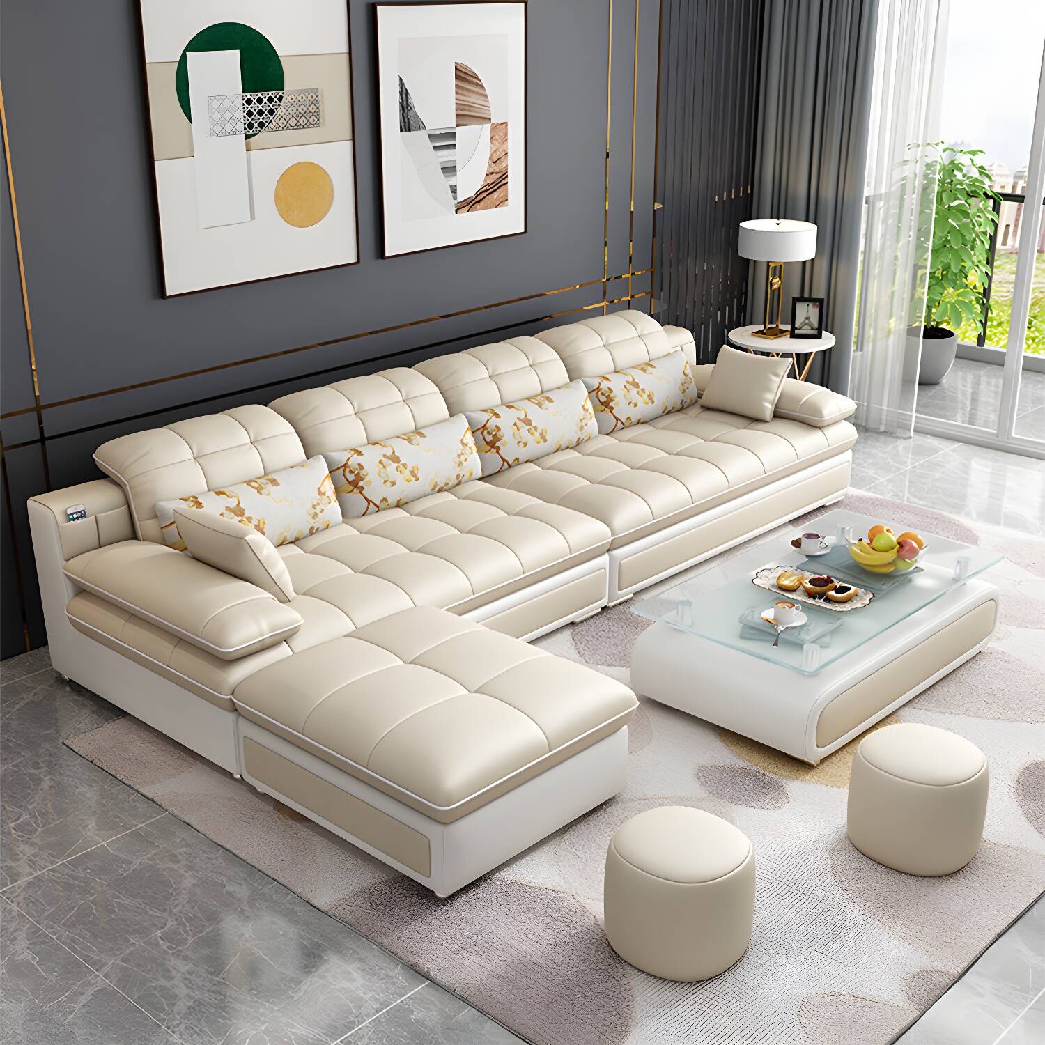 Contemporary Faux Leather Sofa & Chaise Biscuit Back Pillow Top Sofa