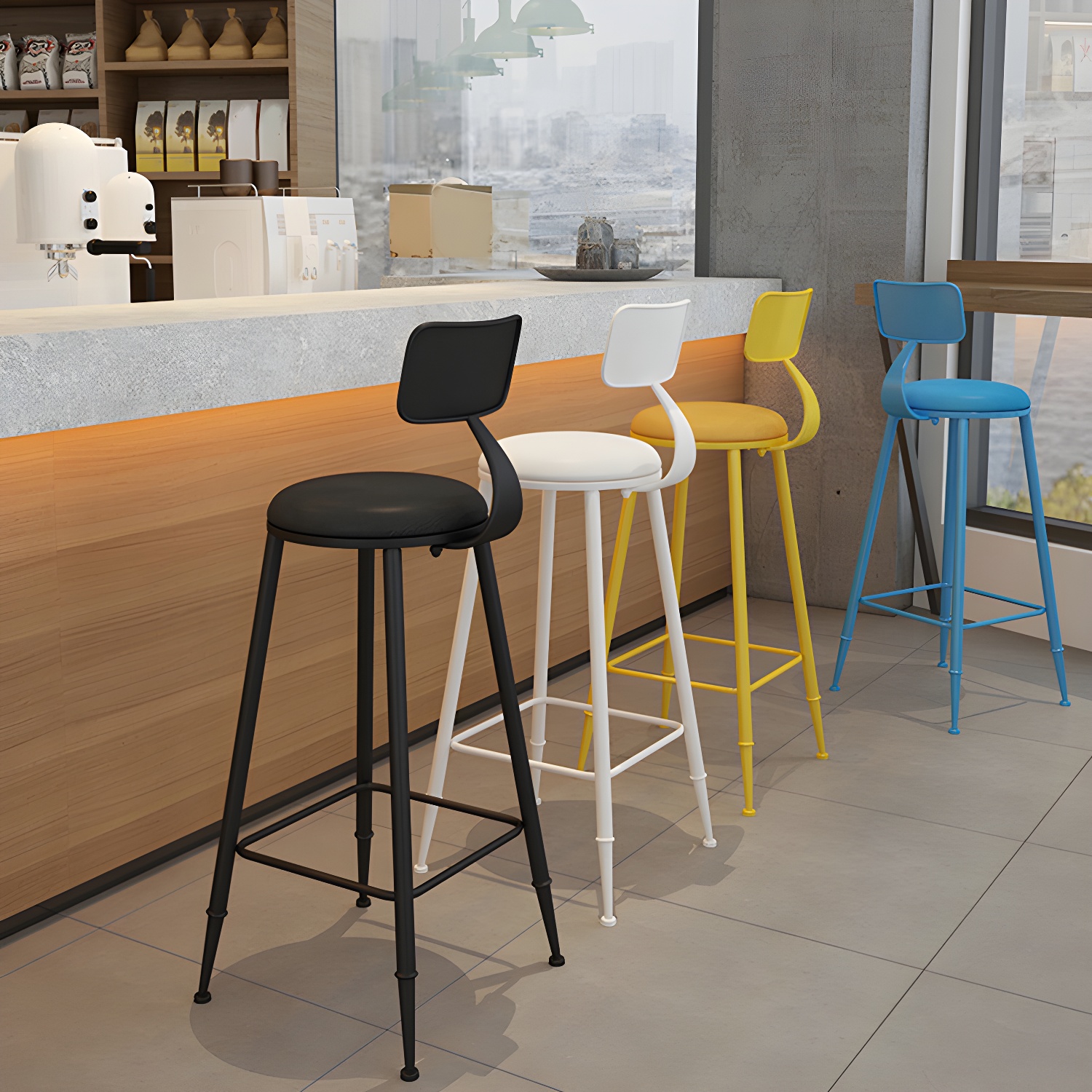 Contemporary Metal Stool PU Leather Barstools in Matte Finish for Indoor