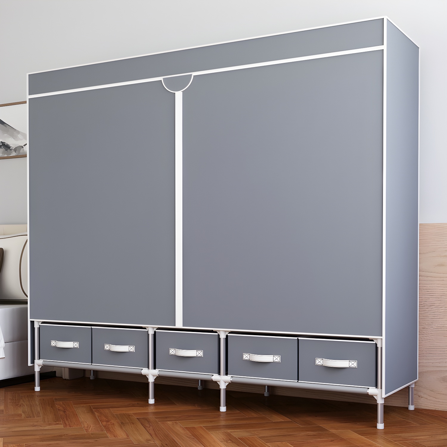 Modern Bedroom Wardrobe Armoire Steel Frame Wardrobe with Drawers