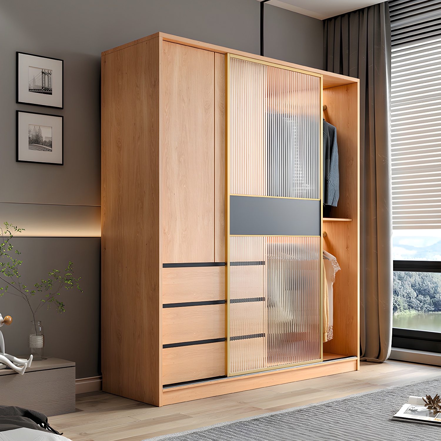Sliding Engineered Wood Wardrobe Closet Modern Wardrobe Cabinet