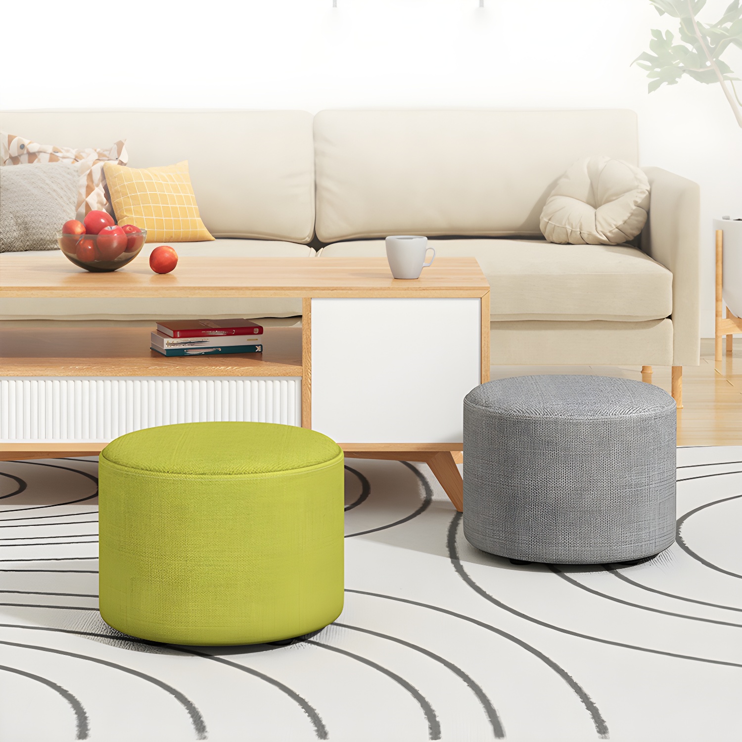 Contemporary Footstool Ottoman Fabric Upholstered Solid Colour Round Ottoman