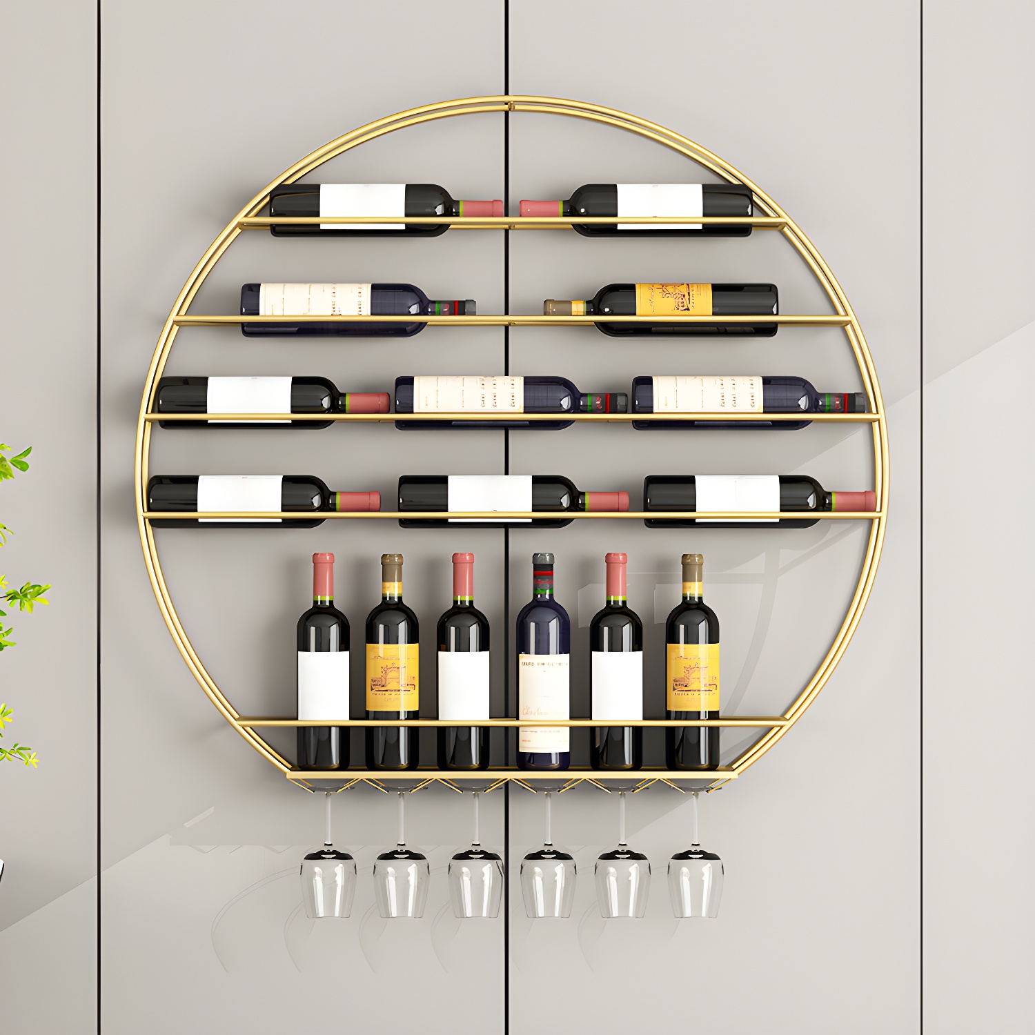 Iron Wall Mounted Wine Bottle & Glass Rack Modern Round Wine Rack