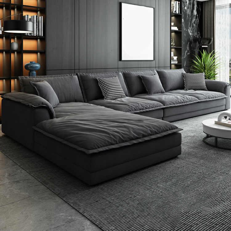 L-Shape Cushion Back Sectional Sofa Nordic Grey Pillow Top Arm Sofa