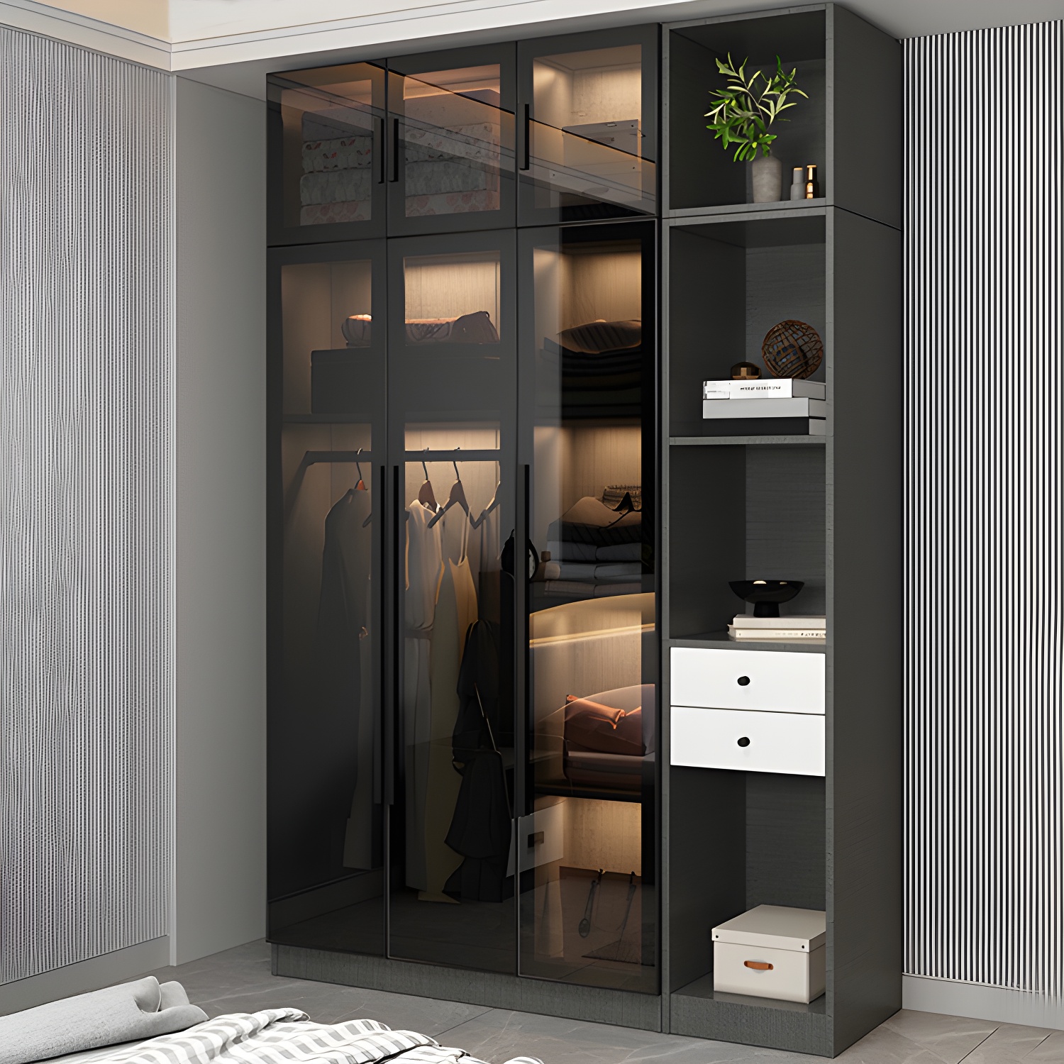Black Glass Wardrobe Armoire Modern Style Wardrobe for Bedroom