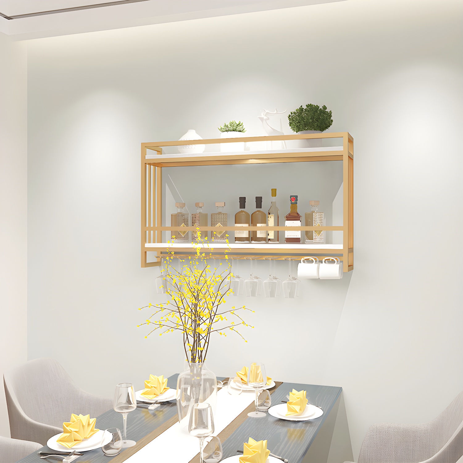 Metal Wall Mounted Wine Bottle & Glass Rack Glam Wine Rack with Stemware Holder