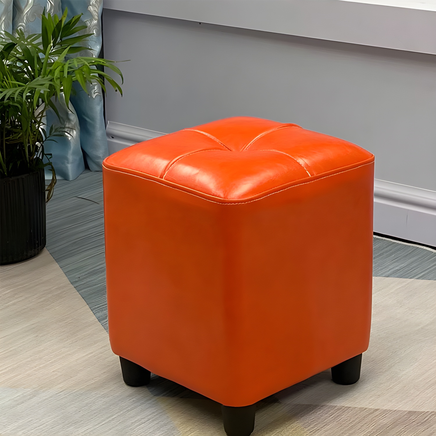 Modern Square Ottoman Plain Water Resistant Faux Leather Stain Resistant Tufted Ottoman