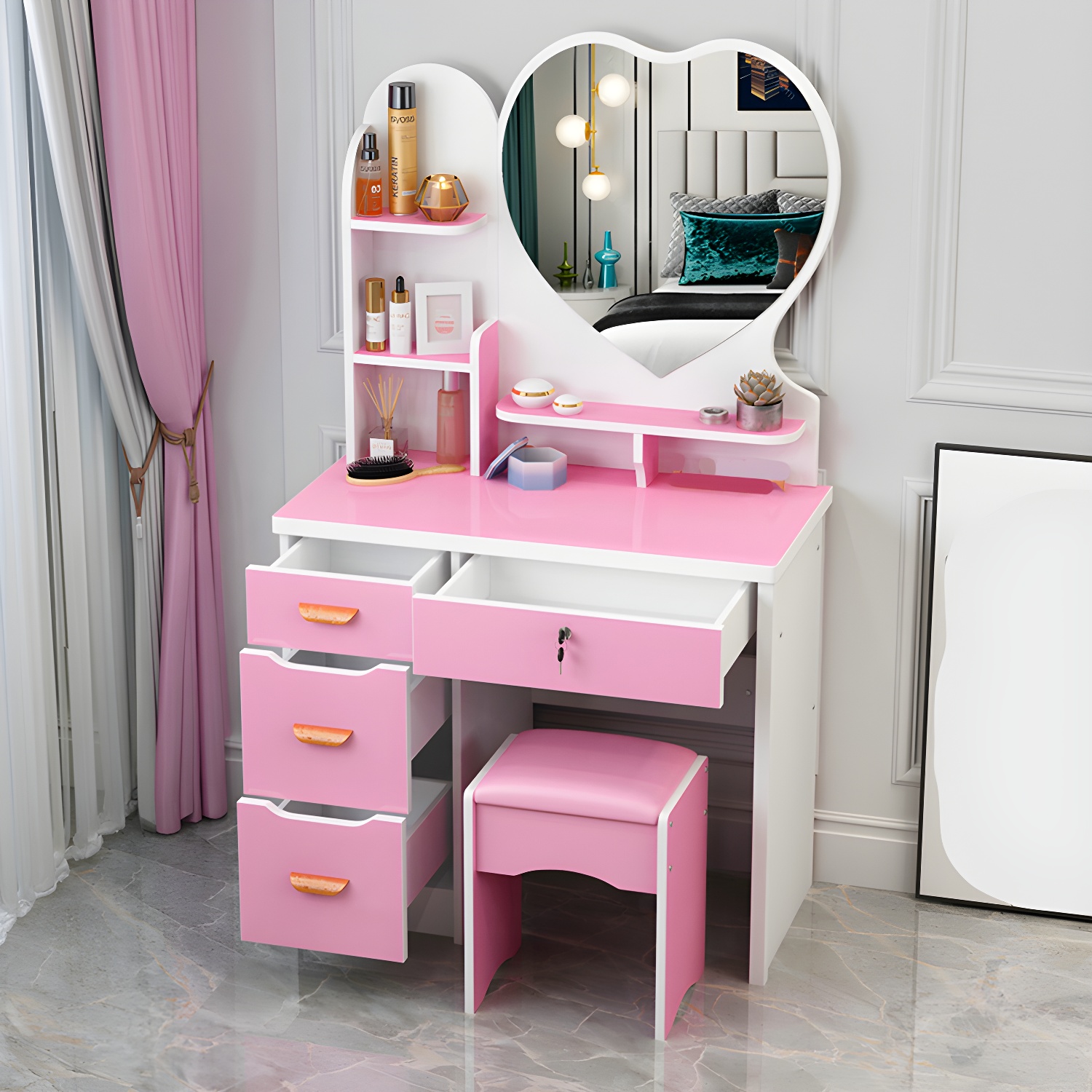 Contemporary Wood Vanity Set 1/4 Drawers With Mirror & Stool