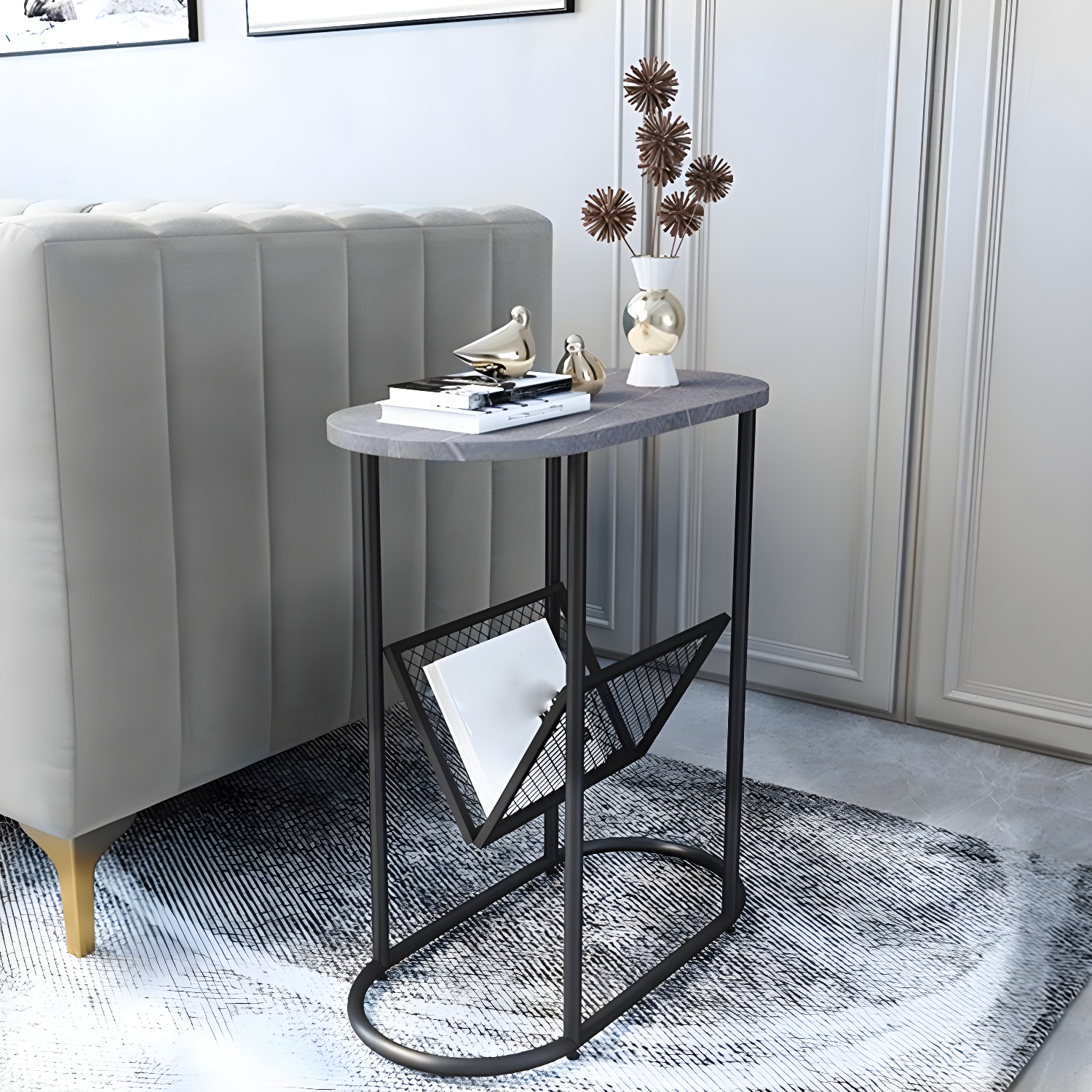 Modern Oval Slate Top Side Table 21.6" Tall Iron Frame End Table with Magazine Holder