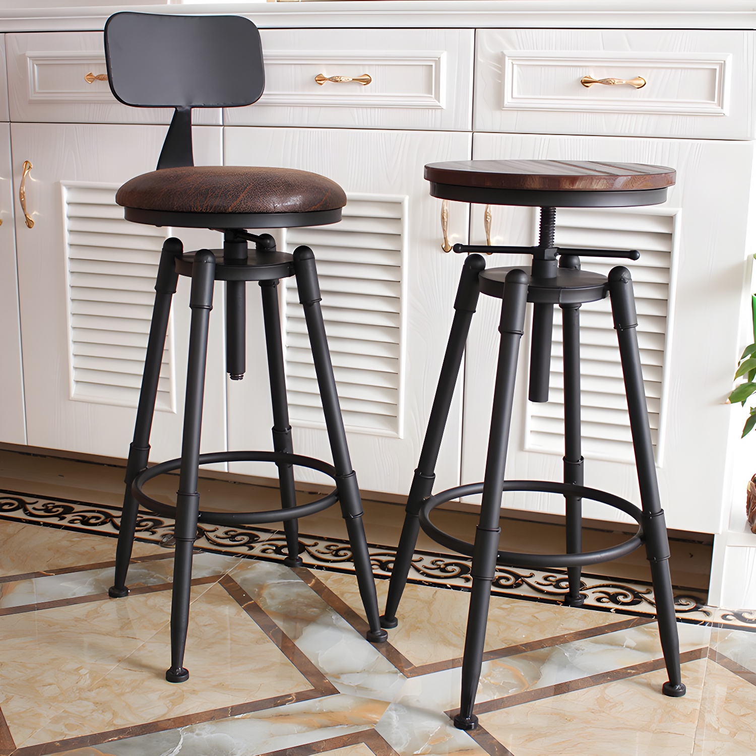 Industrial Metal Stool Upholstered Faux Leather Barstools in Matte Finish for Indoor