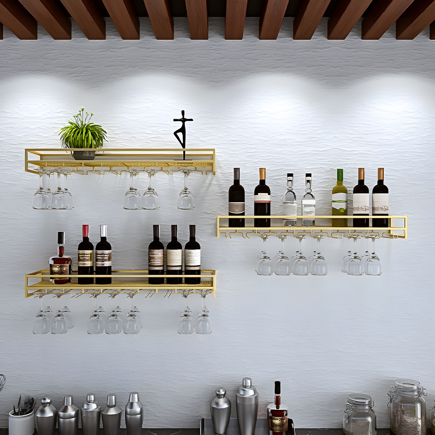 Metal Wall Mounted Wine Bottle & Glass Rack Modern Wine Holder Rack