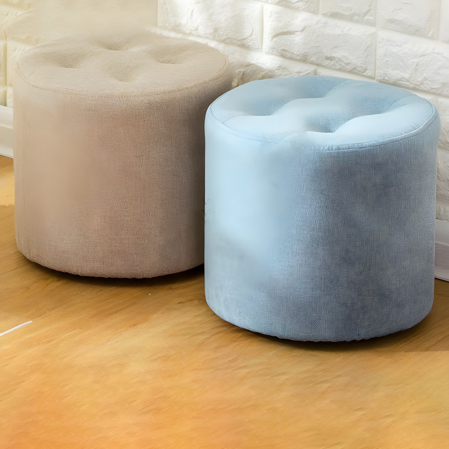 Contemporary Pouf Ottoman Fabric Upholstered Tufted Solid Colour Cylinder Shape Ottoman