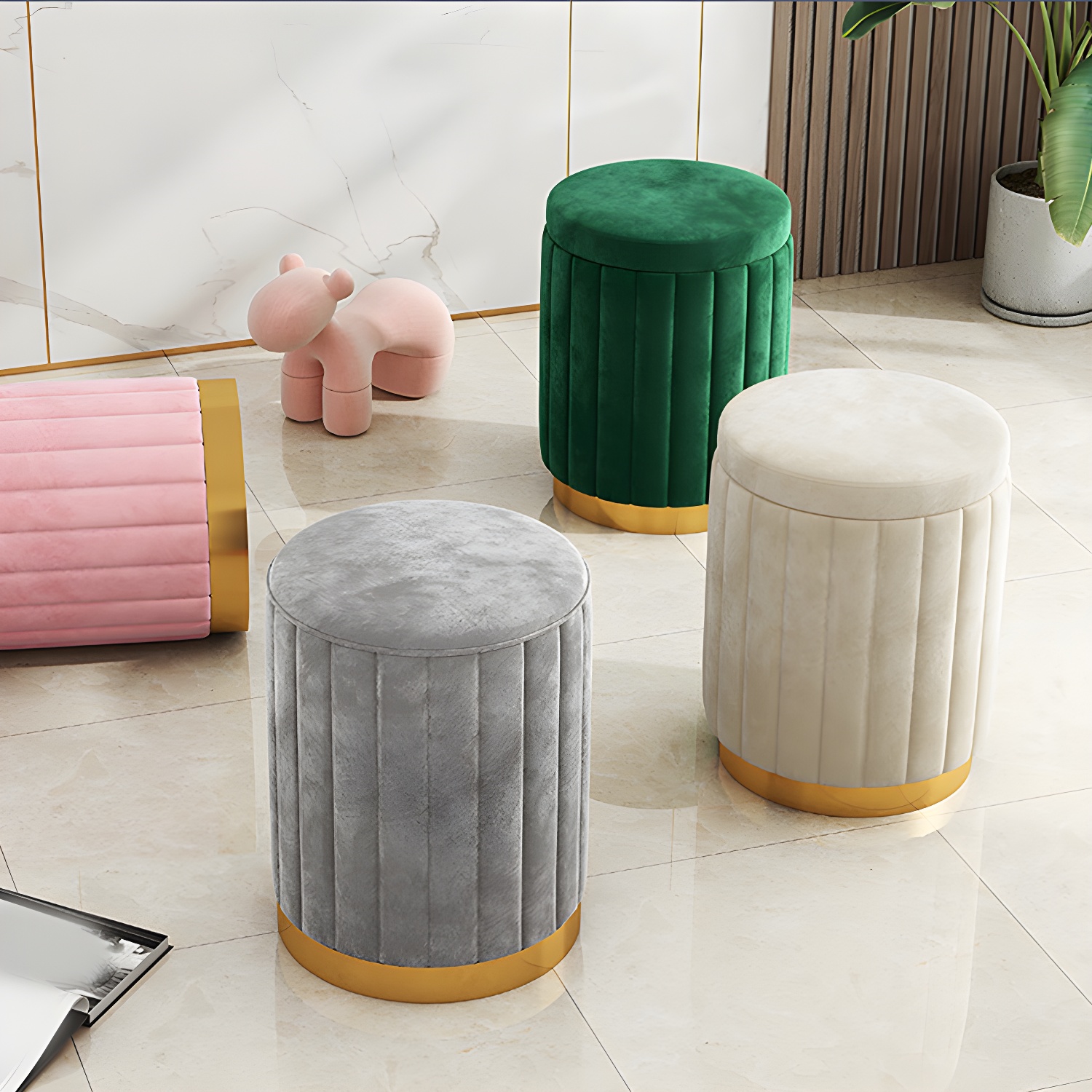 Velvet Ottoman Whole Coloured Cylinder Shape Fade Resistant Ottoman with Storage
